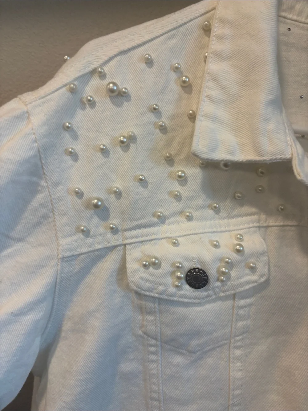 BRIDE White Pearl-Embellished Womens Denim Jacket